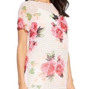 Floral Print Swimsuit Coverup or Top Blouse with Pink and Checked Design